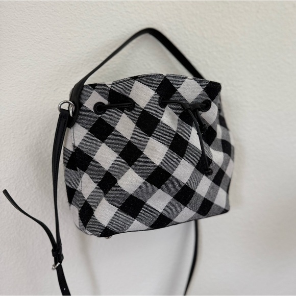 Talbots Black and Gray Buffalo Plaid Drawstring Bucket Crossbody Bag - Picture 10 of 12